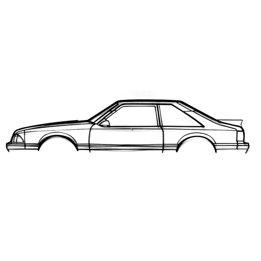 A Ford Mustang hatchback LX foxbody wall art for garage or home. Built with CNC machine and metal. Great for gift or hobby. 